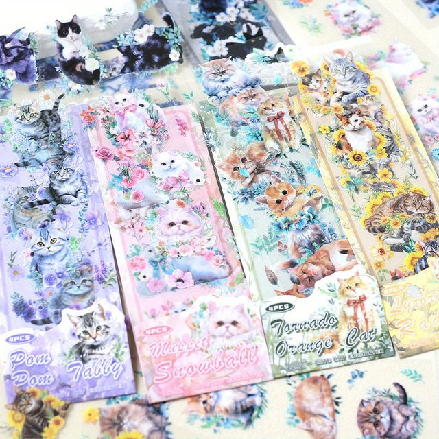 Journamm Scrapbook-Aufkleber mit süßen Katzen Motiven, 4 Blatt PET Collage-Aufkleber für Journaling und Bastelarbeiten, Mehrfarbig - Bild 1