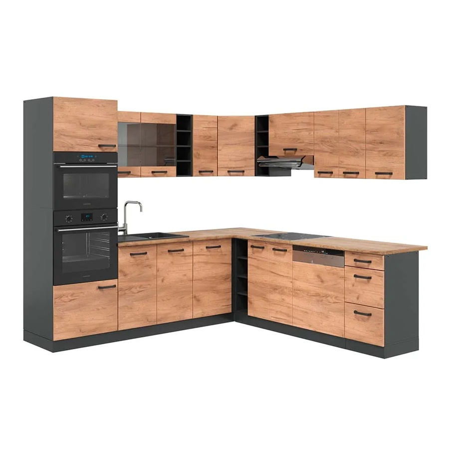 Vicco R-Line Eckküche in Anthrazit und Goldkraft Eiche, moderne Küchenzeile ohne Elektrogeräte, B/T/H: 237 x 247 x 81,6 cm - Bild 1