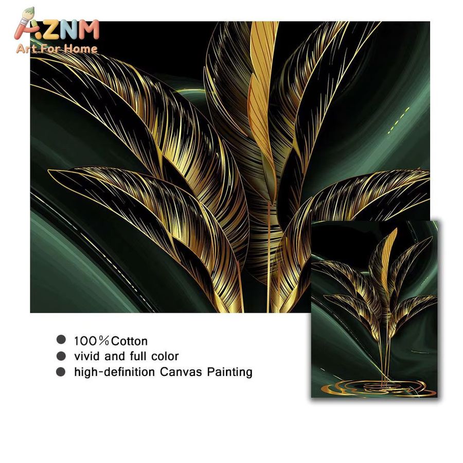 AZNM Leinwandgemälde mit Pflanzenblättern im nordischen Stil, abstrakte Wandkunst in Gold für deine Wohnzimmerdekoration - Bild 4