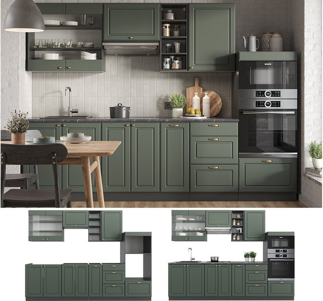 Vicco Küchenzeile Fame-Line Landhausstil in Anthrazit Grün Gold mit 280 cm Breite - Bild 1