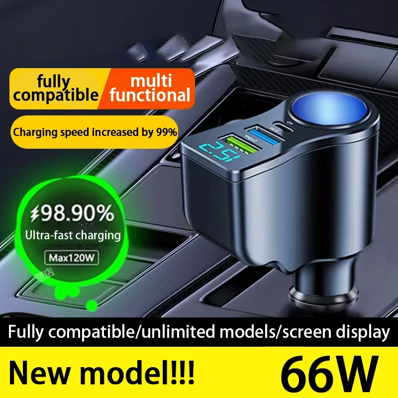 Digitales 66W Autoladegerät mit Dual-USB-Anschluss und Zigarettenanzünder-Konverter in Schwarz - Bild 2