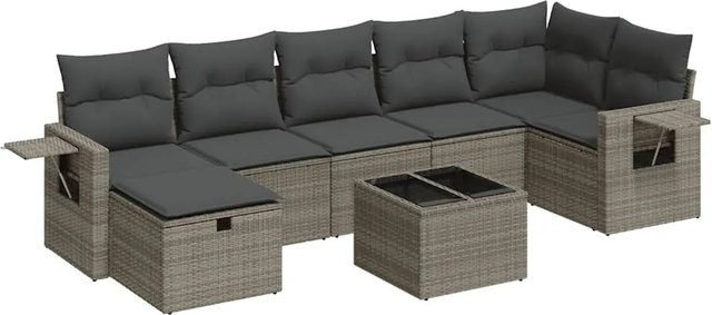 vidaXL 8-teilige Garten-Sofagarnitur in L-Form aus grauem Poly-Rattan mit Kissen und Ottoman - Bild 1