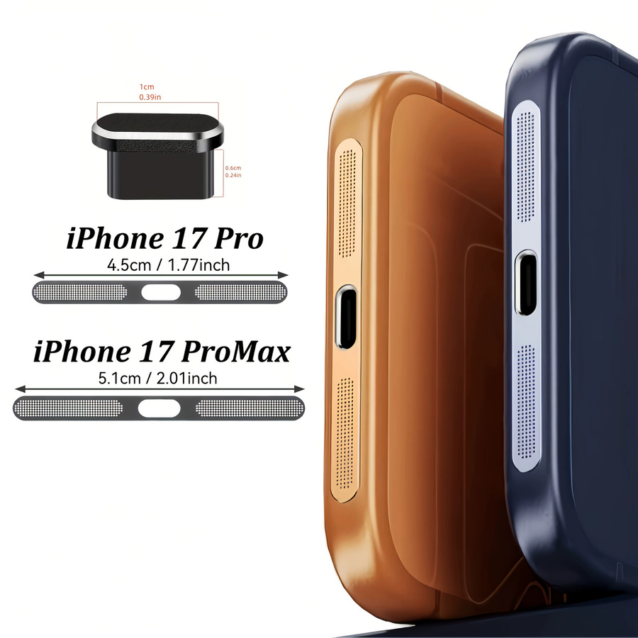3-teiliges Metall-Staubschutzset für Apple iPhone 17 Pro Max und iPhone 17 Pro in Silber mit Lautsprecher-Staubschutzgittern und USB-C Staubschutzstopfen - Bild 2