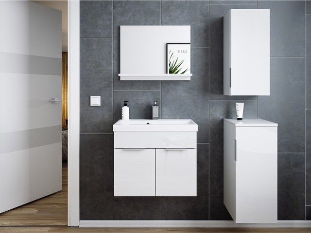 Posseik Badmöbel-Set Slimline Lago 4-teilig in Weiss mit Mineralguss-Waschbecken, Waschtischunterschrank, Spiegel und Midischränken - Bild 1