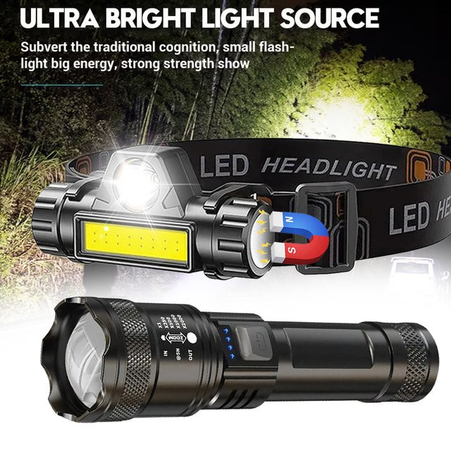 Heinast Ultrahelle LED-Taschenlampe mit Typ C Anschluss, wiederaufladbar, Schwarz, Taktische Stirnlampe mit Zoom für Outdoor, Camping und Notfälle - Bild 1