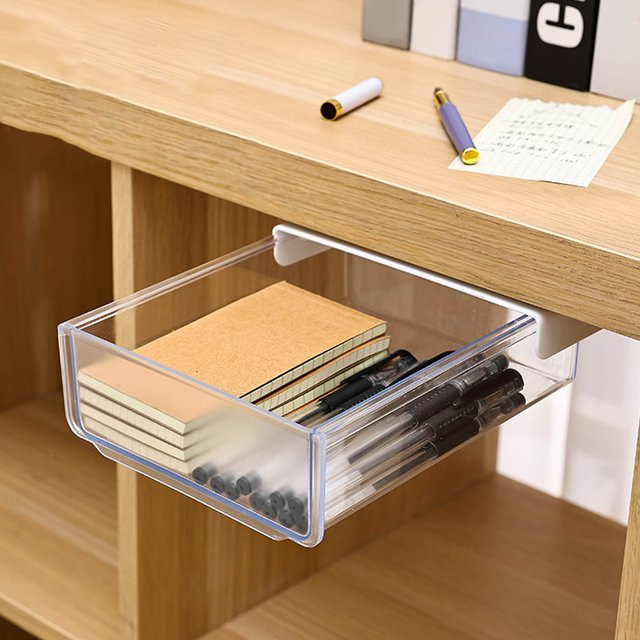 Qiilu Unter-Schreibtisch-Schublade Selbstklebender Organizer für Bürobedarf in Grau und Transparent - Bild 1