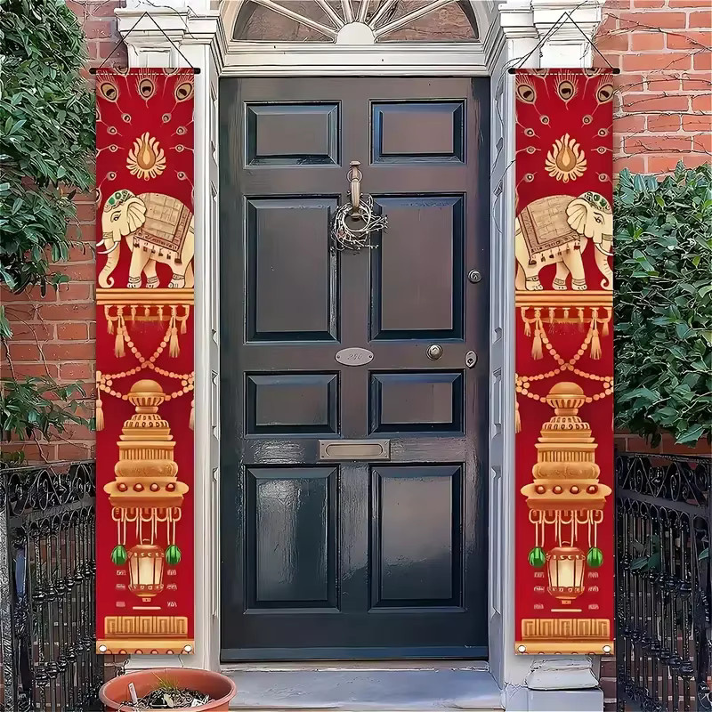 VIKAMA 2er-Set Diwali Veranda-Banner mit exotischen Elefantenmotiven in Rot, dekorative indische Türvorhänge für Innenhof und Außenbereich, B/H: 30 x 180 cm - Bild 5