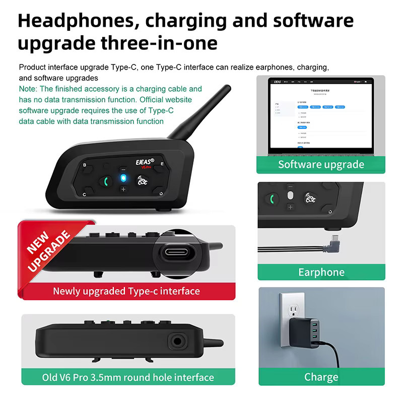 EJEAS V6 PRO+ Bluetooth Motorradhelm-Gegensprechanlage für 6 Fahrer mit 800 m Reichweite, Rauschunterdrückung und IP67 Wasserdichtigkeit in Schwarz - Bild 4