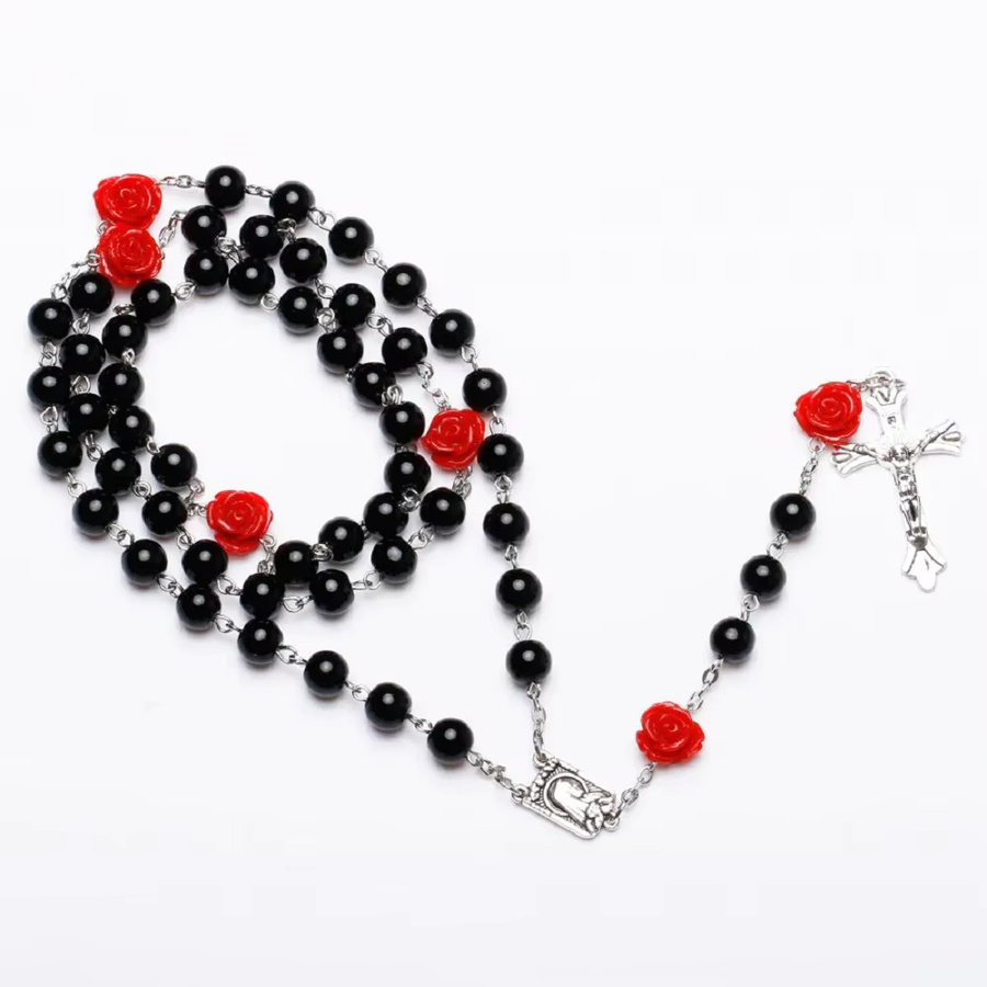 DAIPAN Halskette Rosenkranz, rote Glasperlen, Kruzifix Anhänger, Unisex - Bild 3