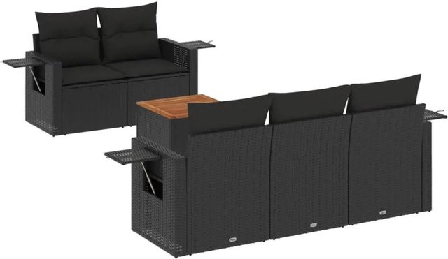 vidaXL 6-teilige Garten-Sofagarnitur aus Polyrattan und Akazienholz in Schwarz mit Kissen - Bild 1