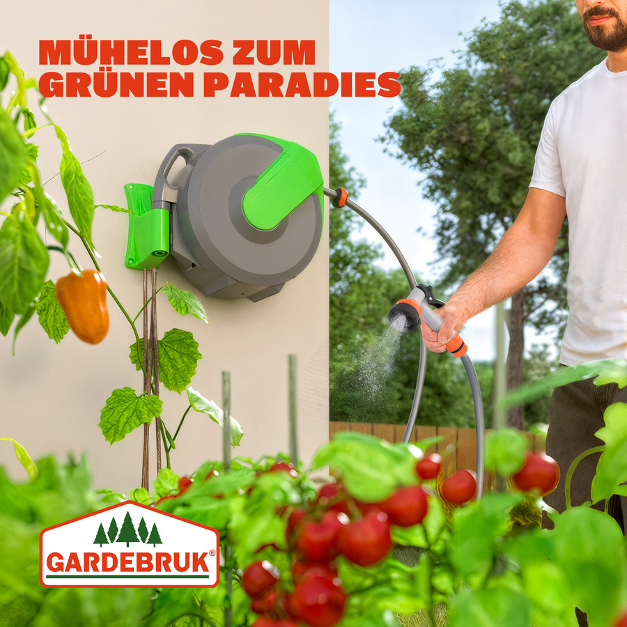 GARDEBRUK Wasserschlauchaufroller mit Schlauchspritze und Handbrause, automatische Schlauchtrommel, Mehrfarbig, 20 m Schlauch plus 2 m Zuleitung - Bild 2