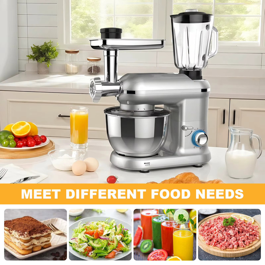 Jianyana Multifunktionaler Standmixer 1900W mit 6L Edelstahl-Rührschüssel in Silber inklusive Fleischwolf, Knethaken, Schneebesen und Rührbesen - Bild 2
