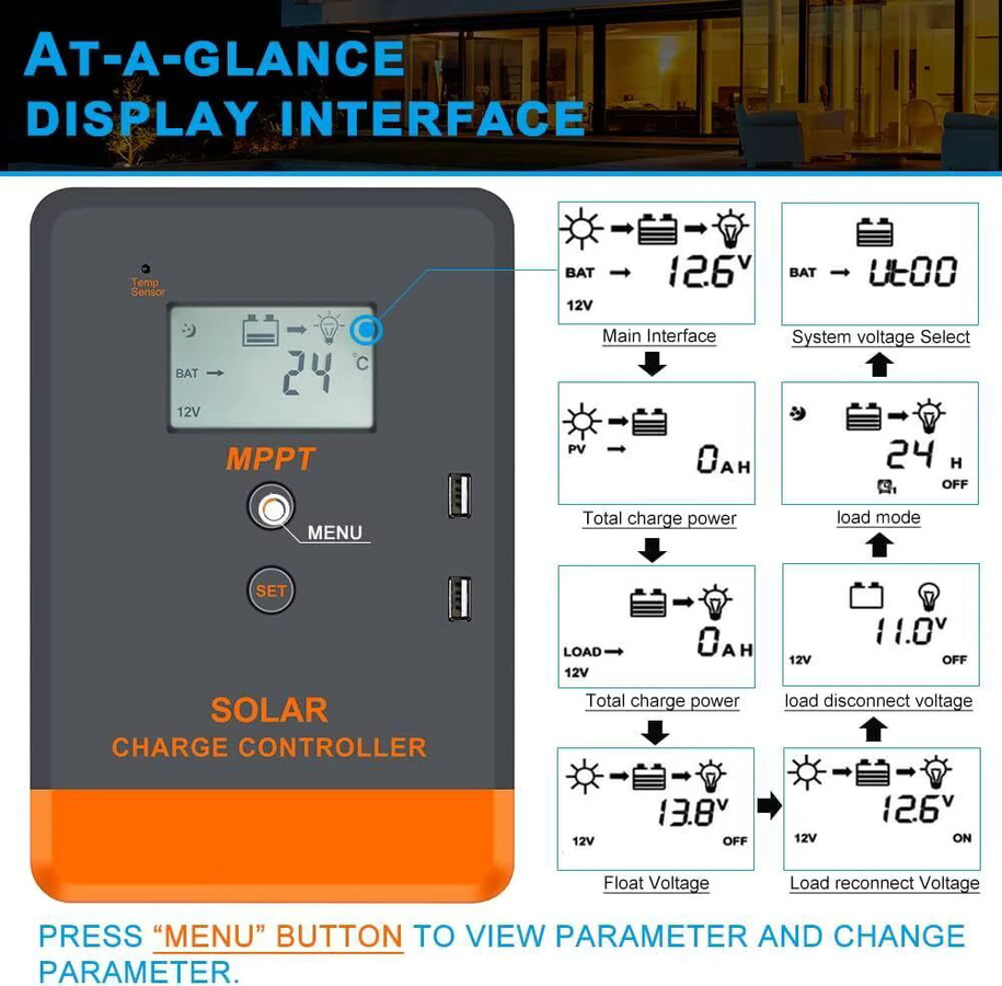 PowMr Keeper Serie MPPT Solar-Laderegler für 12V und 24V mit LCD-Display und USB-Ausgang zur Ladung von LiFePO4, Lithium, Gel und Flüssigbatterien - Bild 6