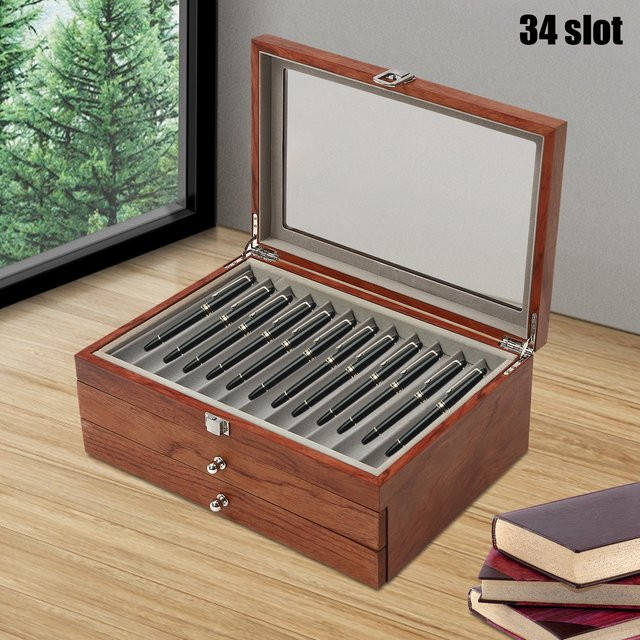 Bymaocar 3-stufige Stift-Sammelbox aus Holz in Braun mit 34 Fächern als Stiftvitrine und Organizer für Büro, Schule und Schreibwarenläden - Bild 1