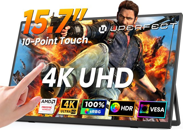 UPERFECT 4K UHD Tragbarer Touch Monitor 15,6 Zoll, IPS Display mit 10-Punkt-Touch, USB-C und HDMI, Schwarz - Bild 1