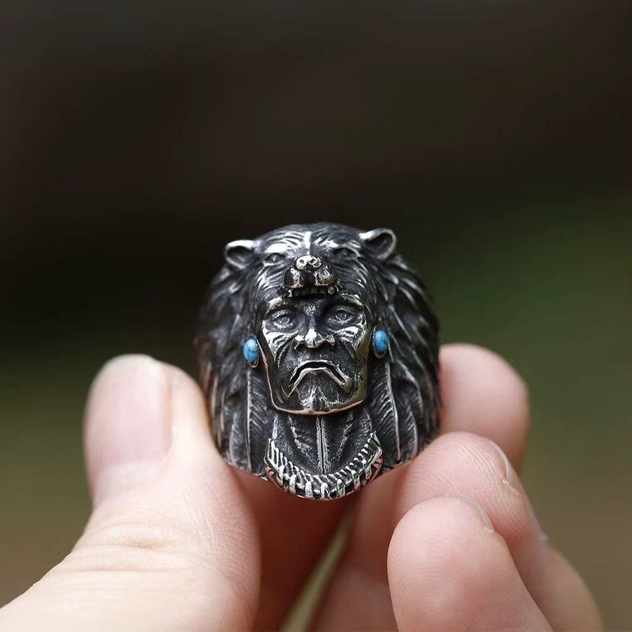 Herrenring Edelstahl, Vintage, Wolf-Motiv, Silber - Bild 3