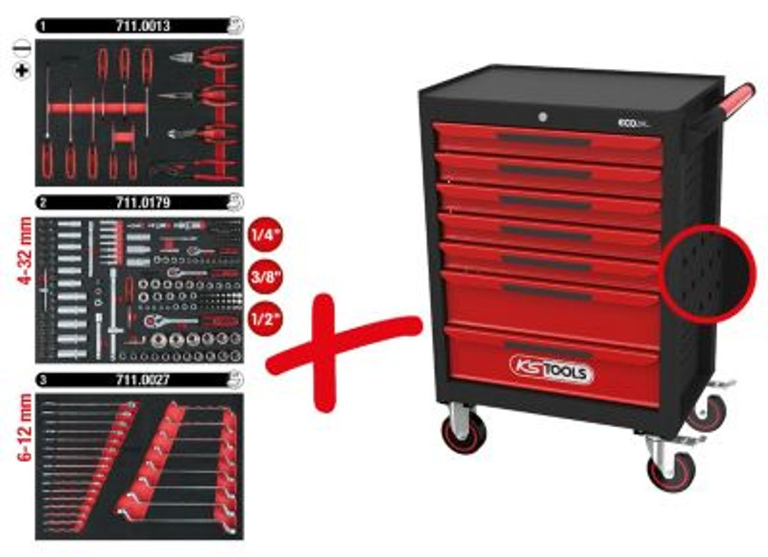 KS Tools ECOline Werkstattwagen aus Stahlblech mit 7 Schubladen, Schwarz/Rot, B: 74,8 cm, T: 45,9 cm, H: 101,4 cm - Bild 3