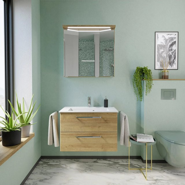 Pelipal Badmöbel-Set Trentino 3-tlg. in Riviera Eiche mit Waschtisch, Waschtischunterschrank und Spiegelschrank, Breite: 77 cm - Bild 1