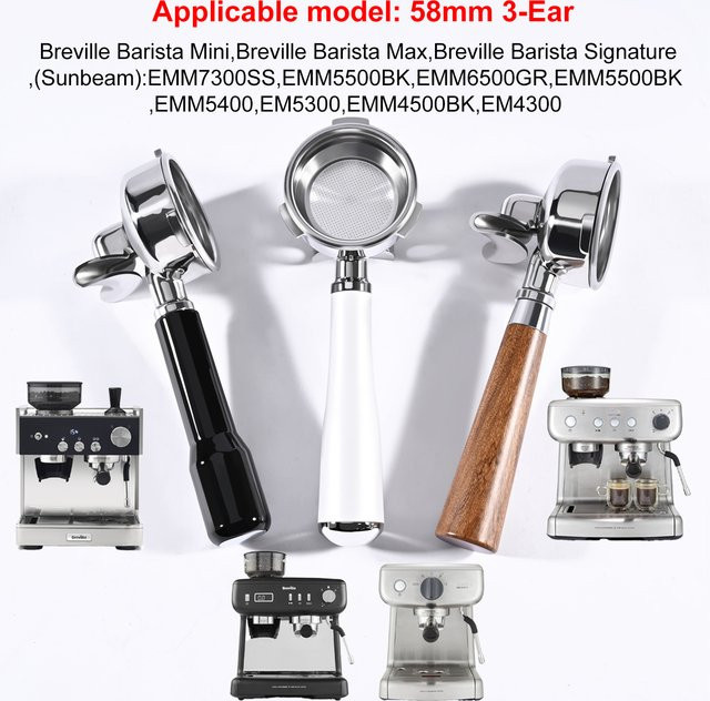Kacacao 58mm 3-Ohren-Siebträger mit Doppelauslauf in Silber für Breville Barista Mini, Max, Signature und Sunbeam EM4300, EM5300, EMM5400BK Espressomaschinen - Bild 1