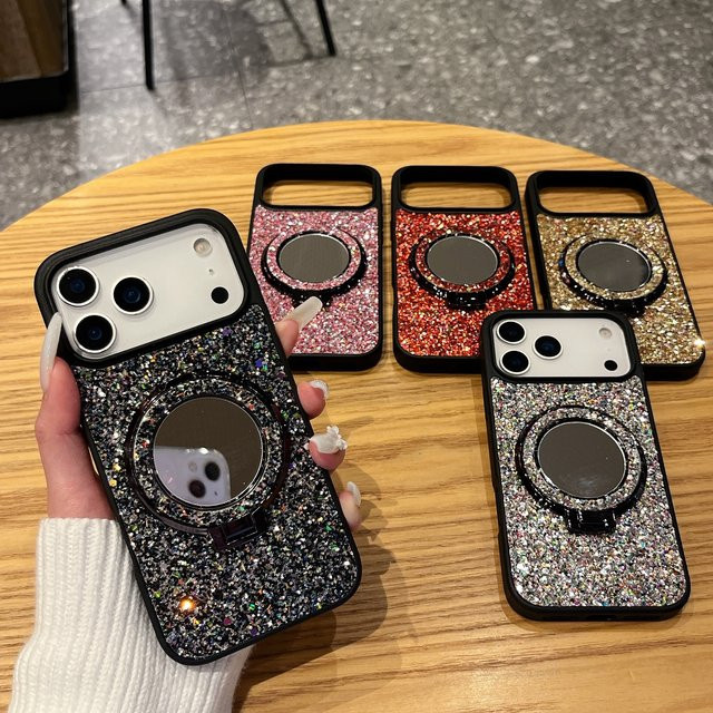 Luxuriöser Glitzer-Spiegel-Handyständer für iPhone 17 Pro Max 16 Pro 15 Plus 14 13 12 11 Pro – High-End Glitzer-Handyhülle mit Ständer in Schwarz - Bild 1