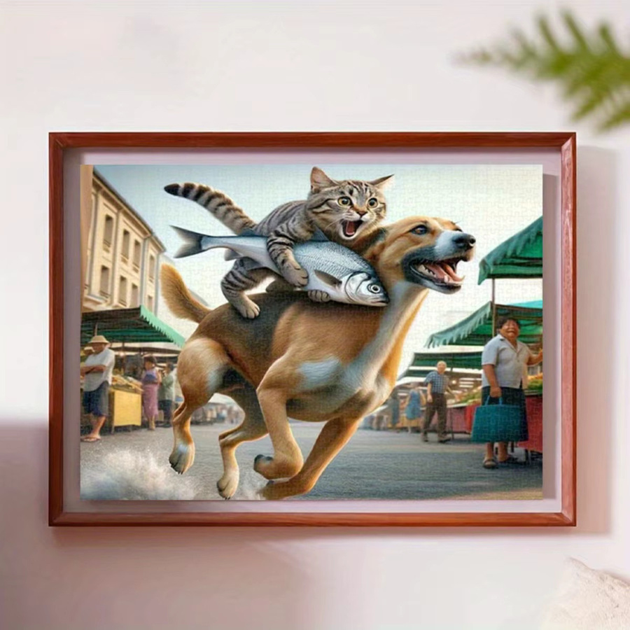 AZNM Puzzle, süßer Hund mit Katzen- und Fischmarktszene, 1.000 Teile - Bild 3