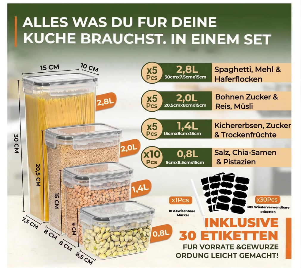 PNNP Vorratsdosen Set mit Deckel, 25er Set luftdichte Aufbewahrungsboxen aus transparentem Kunststoff, stapelbare BPA-freie Behälter für Küche und Vorratskammer, Volumen: 0,8 l bis 2,8 l - Bild 2