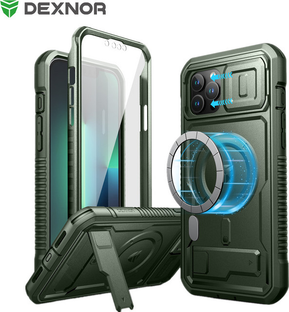 Dexnor Magnetische Ganzkörperhülle für iPhone 13 Pro Max in Grün mit Kameraabdeckung, Displayschutz und integriertem Ständer - Bild 1
