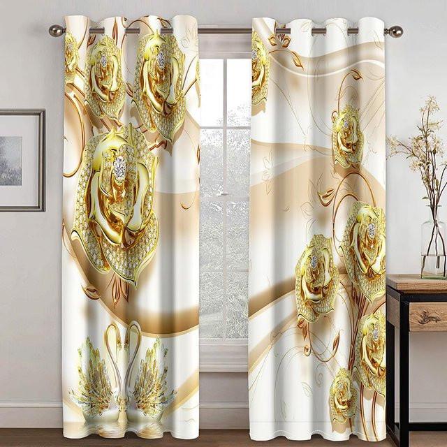 2er-Set Vorhänge mit goldenem Blumen-Kristall-Muster in Weiß und Gold, halbtransparent, Polyester, B: 85 cm, H: 200 cm - Bild 1