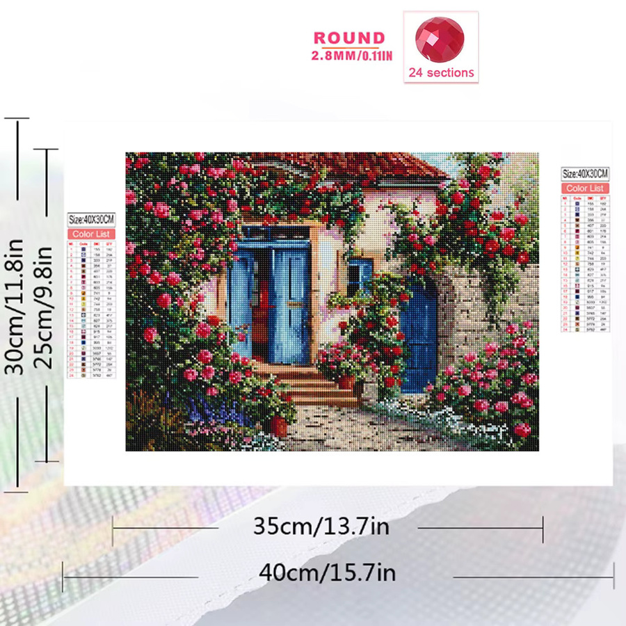 EverShine 5D Diamant-Mosaik Stickerei Landschaft mit Blumenhaus und Rosen, Vollquadratisches Strass-Bild, Mehrfarbig, B/H: 30,0 x 20,0 cm - Bild 2