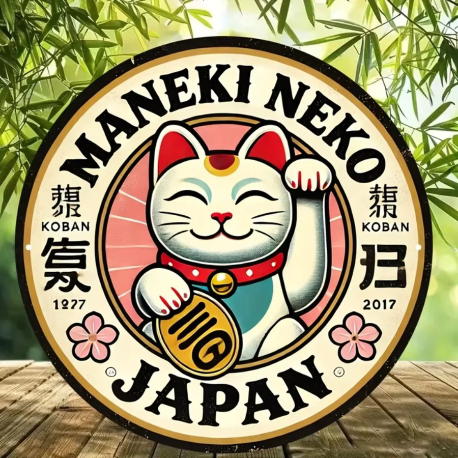 CIFBUY Maneki Neko Aluminiumschild Retro Japanischer Charme Runde Wandkunst Lucky Cat Multicolour - Bild 4