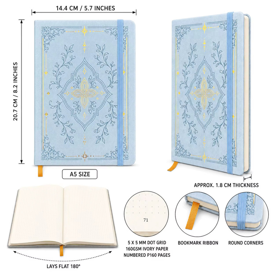 Buke Notebook A5 Notizbuch mit Punktraster und Goldfolien-Blumenmuster in Hardcover, Botanisches Design mit nummerierten Seiten, Elfenbeinfarben - Bild 2