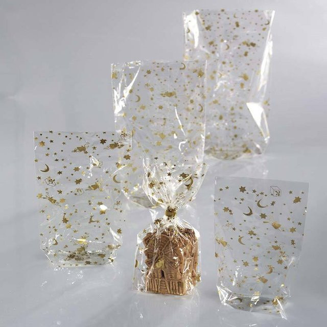 folia Zellglasbeutel mit Weihnachtsdruck in Gold, 10 Stück, Breite: 9,5 cm, Höhe: 16,0 cm - Bild 1