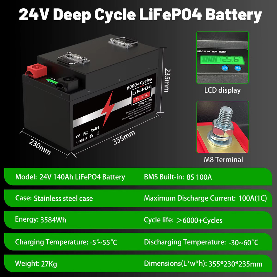 KEZIMO LiFePO4 Batterie 24V 140Ah mit Bluetooth BMS und Grade-A-Zellen in Schwarz - Bild 2