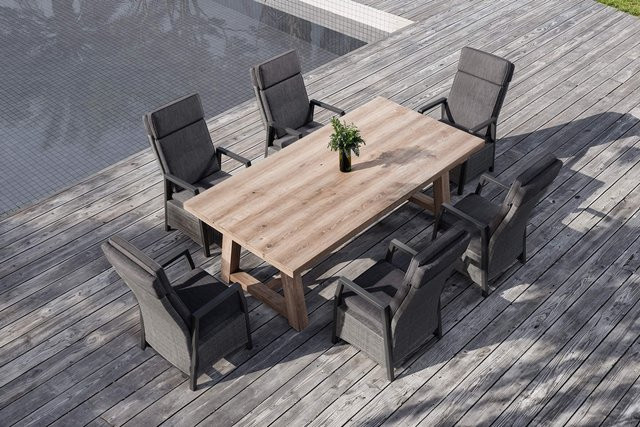 OUTFLEXX Nova Garten-Essgruppe aus Alu, Polyrattan und Teakholz in Anthrazit und Grau mit 6 Sesseln und verstellbarer Rückenlehne, Tisch B: 220 cm, T: 110 cm, H: 76 cm - Bild 1