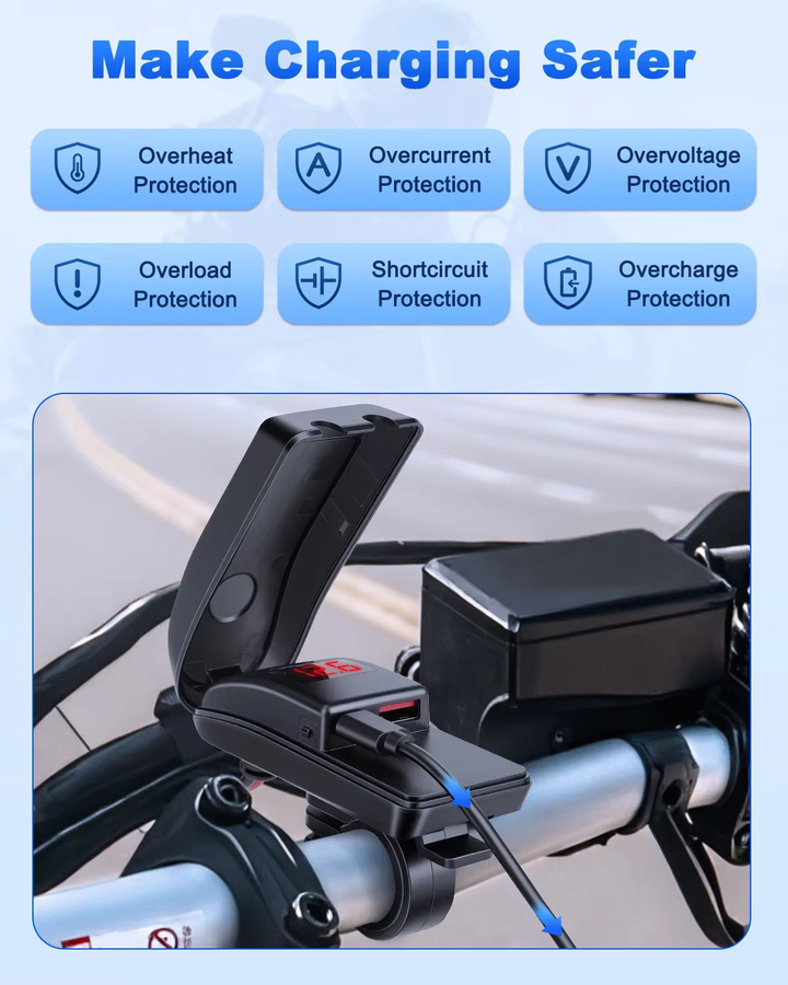 Elecpow 36W Motorrad-USB-Schnellladegerät mit QC3.0, USB-A und USB-C, wasserdichter Netzteiladapter mit Schalter und Voltmeter in Schwarz - Bild 6