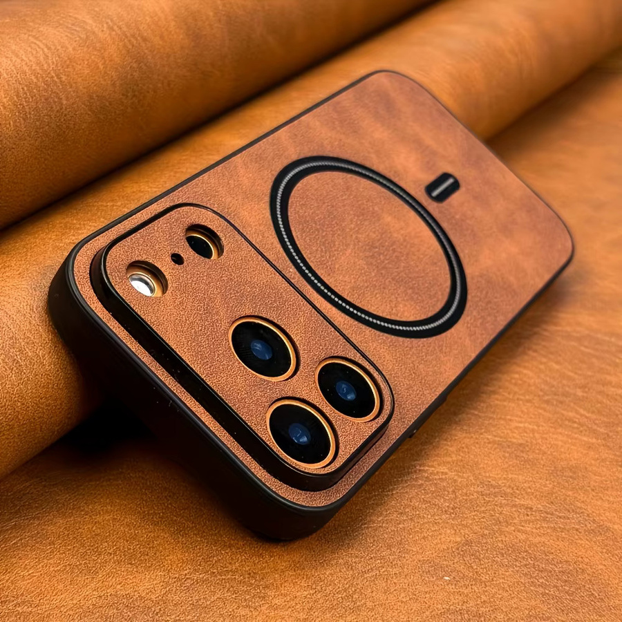Lammleder-Schutzhülle mit MagSafe und Objektivschutz für iPhone 11 bis iPhone 17 Air in Orange und Braun - Bild 2
