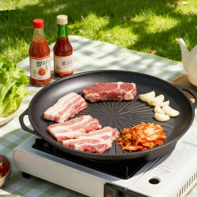KOSUN Koreanische Grillpfanne aus Aluminiumguss, antihaftbeschichtet, Schwarz, für Gas- und Induktionsherd geeignet - Bild 1