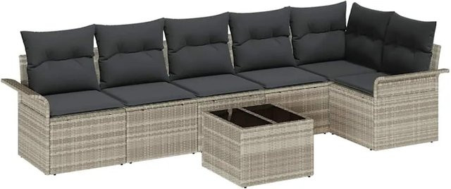 vidaXL Garten-Sofa-Set aus Polyrattan in Hellgrau, 7-teiliges L-Shape Lounge-Set mit Kissen für Garten, Balkon und Terrasse - Bild 1