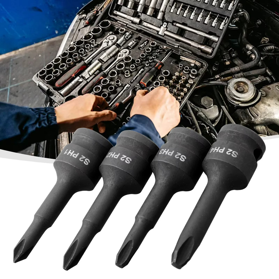 Vibratite 4er Set Kreuzschraubendreher Bit Buchse Adapter PH1 PH2 PH3 PH4 für 3/8 Zoll Quadratkopf in Schwarz - Bild 3