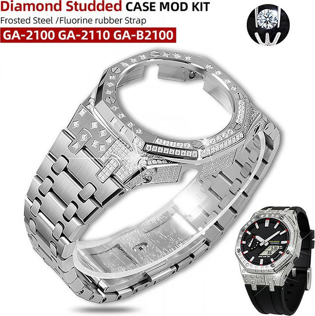 Casio Uhrenzubehör Diamant-Gehäuse-Mod-Kit, Edelstahlgehäuse, Kautschuk-Armband, Silber - Bild 1