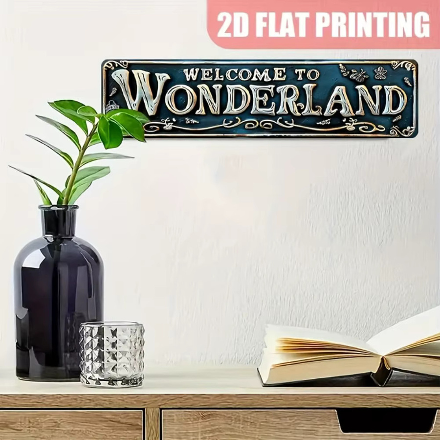 Retro Aluminiumschild Welcome to Wonderland von Hello Young mit blaugrünem und goldenem Blumenrand, B/H: 40,0 x 10,0 cm - Bild 4