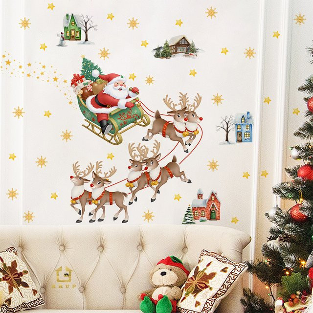 BRUP Weihnachtsmann-Schlitten Wandaufkleber mit Rentieren und Mini-Häusern, selbstklebend und abnehmbar, Mehrfarbig - Bild 1