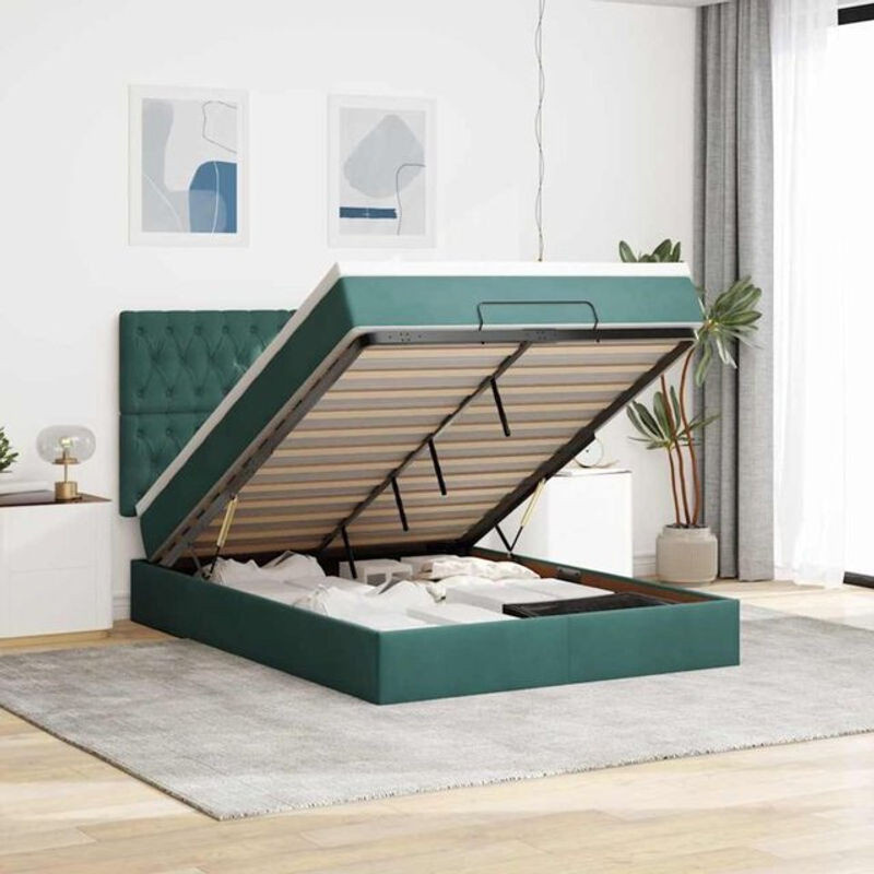 vidaxl Polsterbett Ottoman mit Matratzen und LED in Dunkelgrün aus Samt, B/T/H: 140 x 200 x 128 cm - Bild 1