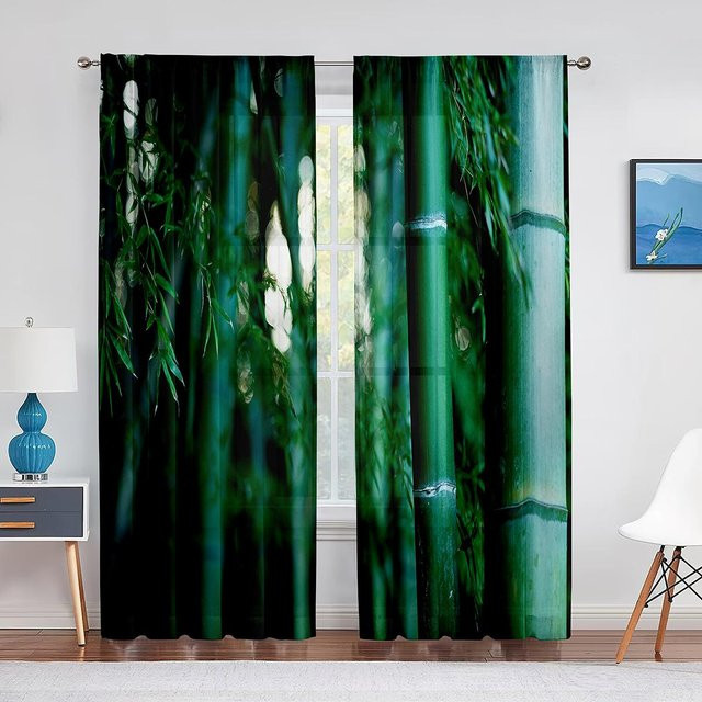 Transparenter Voiles-Vorhang Super Six mit grünem Bambuswald-Design, Breite: 100 cm, Höhe: 250 cm - Bild 1