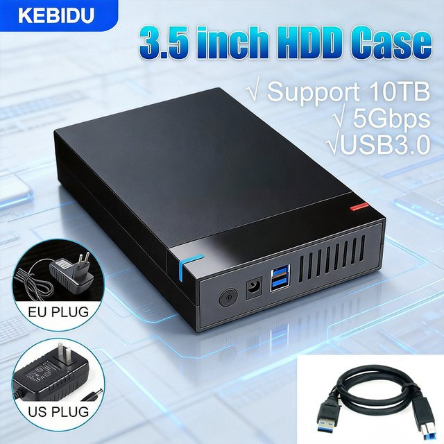 KEBIDU USB 3.0 SATA 3,5 Zoll HDD-Gehäuse, externes Festplattengehäuse für PC, Laptop und TV, Schwarz - Bild 1