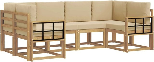 vidaXL Outdoor-Sofagarnitur L-Form aus Akazienholz mit Kissen in Weiß und Beige - Bild 1