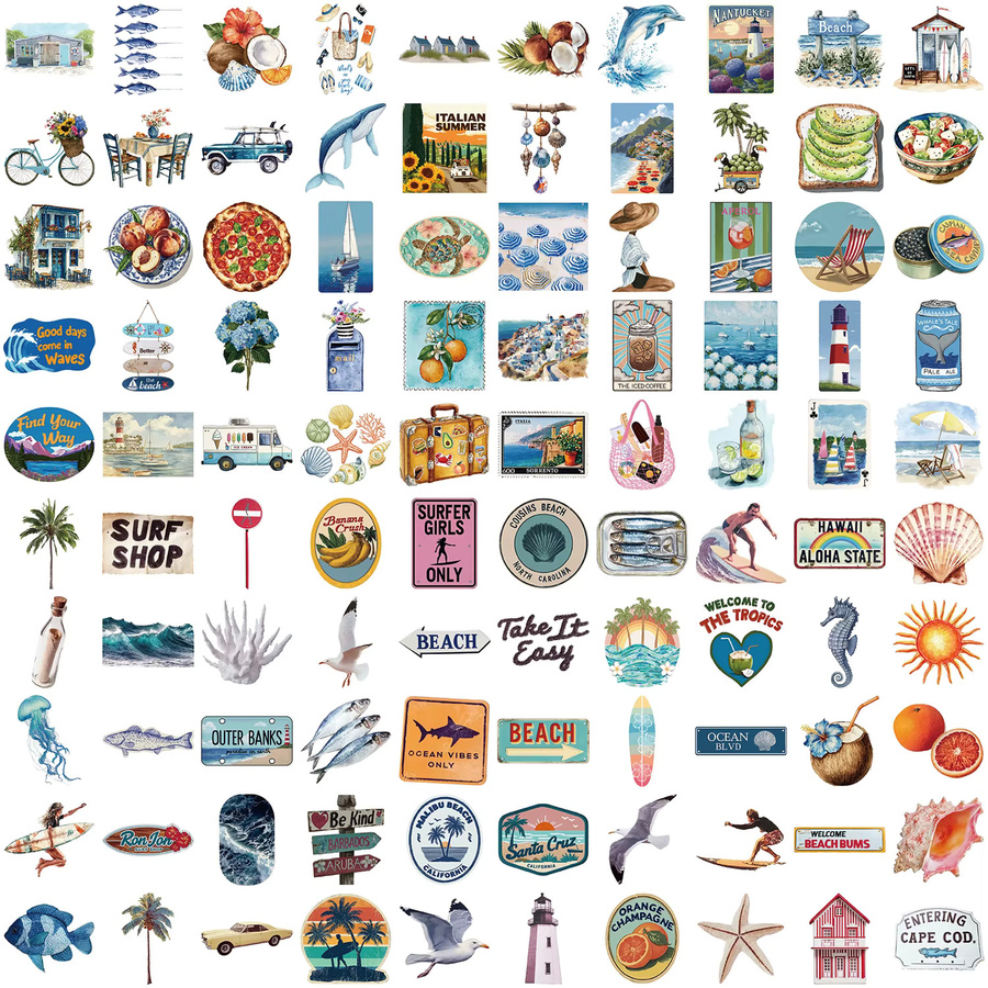 100 Stück Vintage Sommer Aufkleber mit Strand- und Surf-Ästhetik, wasserfeste Graffiti-Sticker in Multicolour für Laptop, Wasserflasche und Gepäck - Bild 2