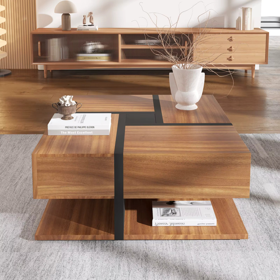 Comanlai moderner Couchtisch in Braun mit 4 Schubladen und zwei Stauraumstufen, B/T/H: 78 x 78 x 36 cm - Bild 2