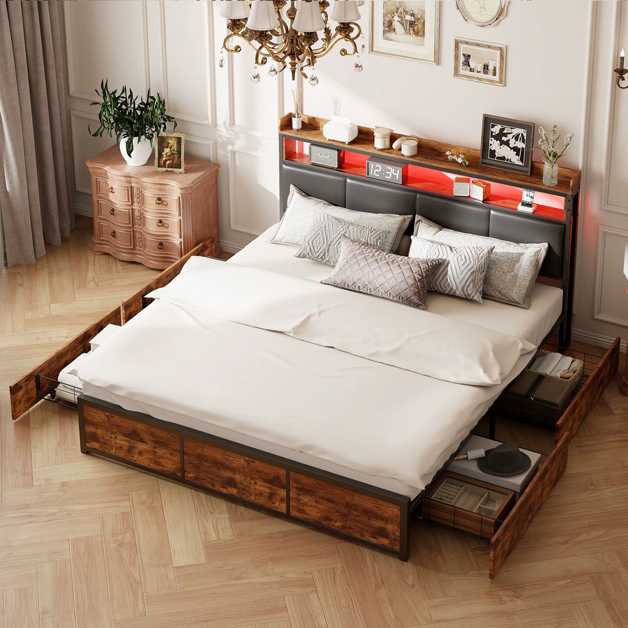 Superaly Polsterbett mit LED-Beleuchtung und 4 Schubladen in Schwarz, B/T: 180 x 200 cm - Bild 1