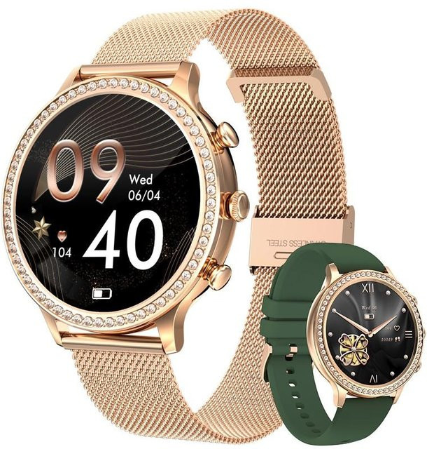 LIGE Smartwatch für Damen und Herren mit Bluetooth Anruffunktion, Blutdruckmessung und wasserdichtem Design in Grün/Gold mit Mesh- und Silikonarmband - Bild 1